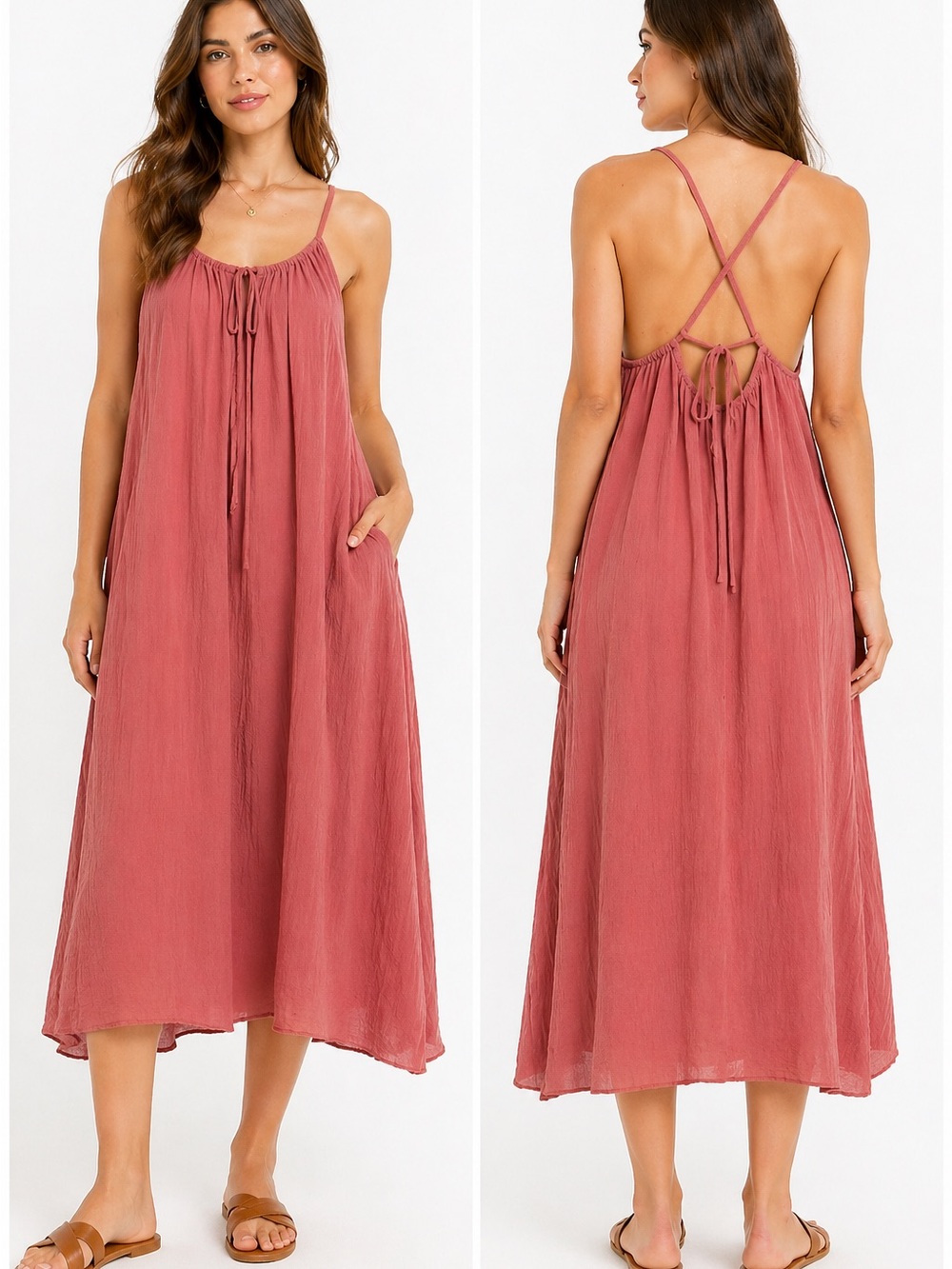 Xirena Heather Rose crinkle gauze tie back midi swing dress NWT